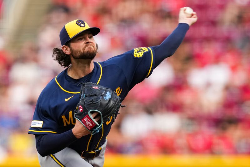 Jun 24, 2026; Cincinnati, Ohio, USA;  Milwaukee Brewers pitcher Shane Drohan (55) throws against the Cincinnati Reds in the first inning at Great American Ball Park. Mandatory Credit: Aaron Doster-Imagn Images