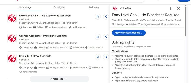 A June 16, 2026, screenshot of job listings from Vacant Listings Jobs appear to show Chick-fil-A is hiring in Sheboygan, but the company said it wasn't currently planning to open a restaurant in Sheboygan.