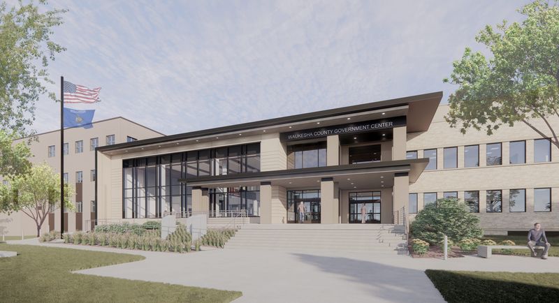 Waukesha County released a final rendering of the new courthouse entrance, which will be completed in 2027. The new entryway is part of the final year of an eight-year remodeling effort to the courthouse, which was built in 1959.