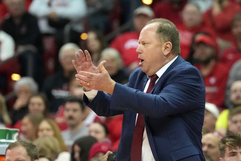 Jan 6, 2024; Madison, Wisconsin, USA;  Wisconsin Badgers head coach Greg Gard reacts to a foul call during the first half against the Wisconsin Badgers at the Kohl Center. Mandatory Credit: Kayla Wolf-USA TODAY Sports
