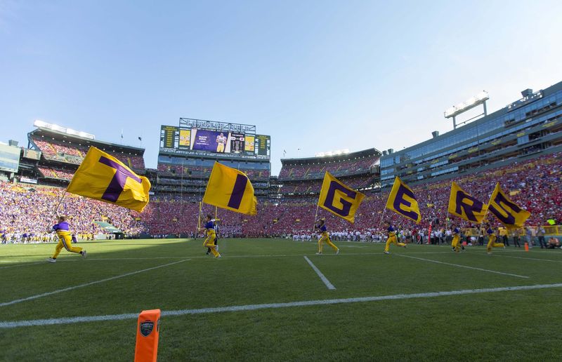 Sep 3, 2016; Green Bay, WI, USA;  LSU Tigers cheerleaders perform during the Lambeau Field College Classic against the Wisconsin Badgers at Lambeau Field.  Wisconsin won 16-14.  Mandatory Credit: Jeff Hanisch-USA TODAY Sports