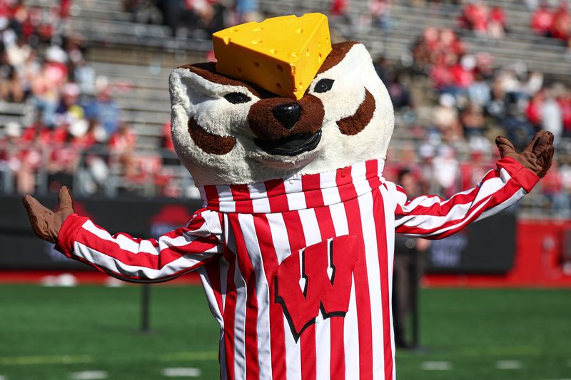 Oct 12, 2024; Piscataway, New Jersey, USA; Wisconsin Badgers mascot, Bucky Badger, wears a chess head hat during the second half against the Rutgers Scarlet Knights at SHI Stadium. Mandatory Credit: Vincent Carchietta-Imagn Images