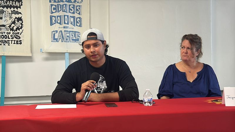 Galo Suárez, left, and Jacqueline Eckstrom, right, spoke at a Voces de la Frontera news conference on June 30, 2026 about a recent surge in U.S. Immigration and Customs Enforcement activity in Milwaukee. Suárez was briefly detained by ICE. Eckstrom was a witness to a different ICE arrest. Both criticized ICE's forceful tactics.