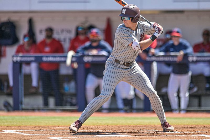 Mississippi State's Ace Reese (3) bats against Ole Miss in Oxford, Miss. on Saturday, March 28, 2026.