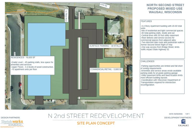 An initial proposal by Madison-based developer Eminent Development Corporation for a mixed-use development project located at several addresses along North Second Street and Bridge Street consisting of a 3-4 story apartment building and a separate commercial building.