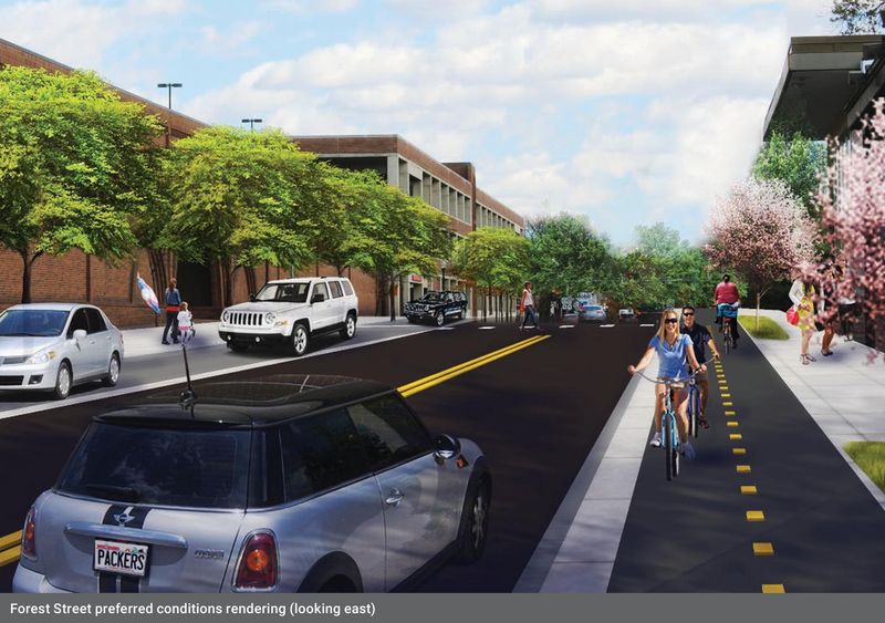 A concept image of a redesigned Forest Street with two-way traffic and a separated two-way bike lane from the City of Wausau's 2019 Wausau Center Urban Design and Transportation Master Plan.