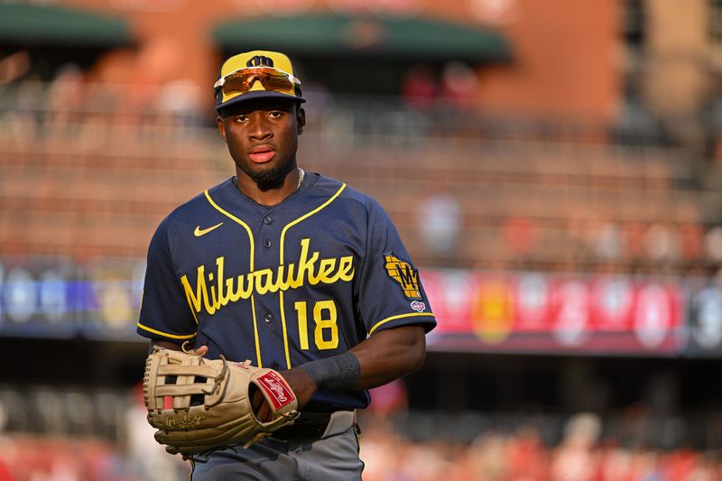Jul 7, 2026; St. Louis, Missouri, USA; Milwaukee Brewers center fielder Luis Lara (18) walks off the field against the St. Louis Cardinals during the second inning of his Major League debut at Busch Stadium. Mandatory Credit: Jeff Curry-Imagn Images