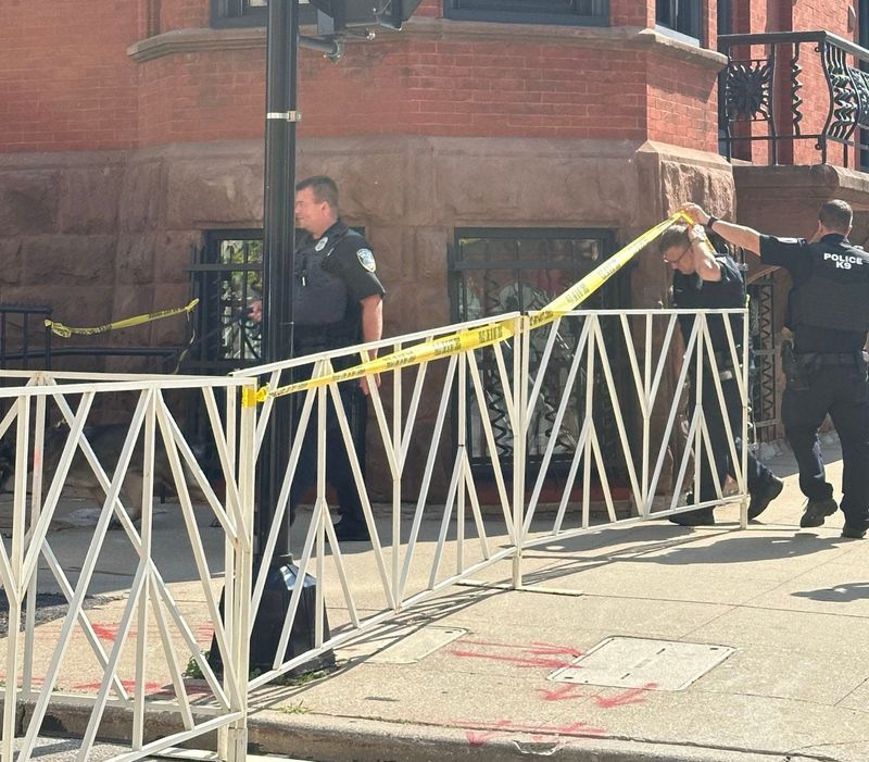 Police and barricades surround the Pfister Hotel in downtown Milwaukee, Wisconsin on July 8, 2026, the same day Vice President JD Vance is set to visit to Milwaukee, making a stop at the Wisconsin Air National Guard's 128th Refueling Wing.
