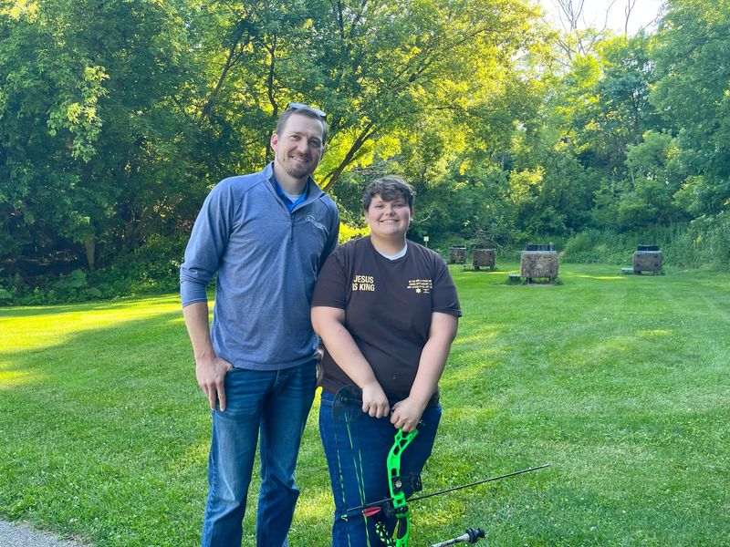 Lucas Kuhn (left) and Franklin Spencer (right), as seen Tuesday, June 23, 2026, at the Kiwanis Park archery practice area in Sheboygan, Wis. They've been a Big and Little for more than five years. Among activities, they practice archery throughout Sheboygan County.