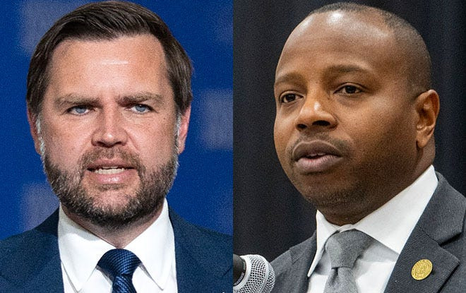 Vice President JD Vance, left, and Milwaukee Mayor Cavalier Johnson