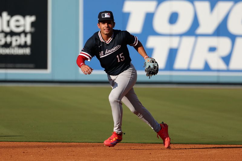Trey Ebel warms up prior to the 2025 MLB All-American game at Dodger Stadium on Tuesday, August 12, 2025, in Los Angeles.