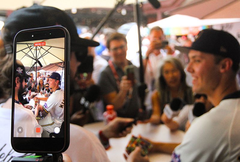 Reporters ask Milwaukee Brewers pitcher Jacob Misiorowski questions during the All-Star Game festivities at Citizens Bank Park in Philadelphia on July 13, 2026.