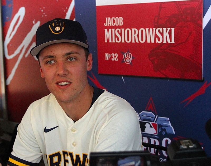 Milwaukee Brewers pitcher Jacob Misiorowski answers questions during media day at the MLB All-Star Game in Philadelphia July 13, 2026.
