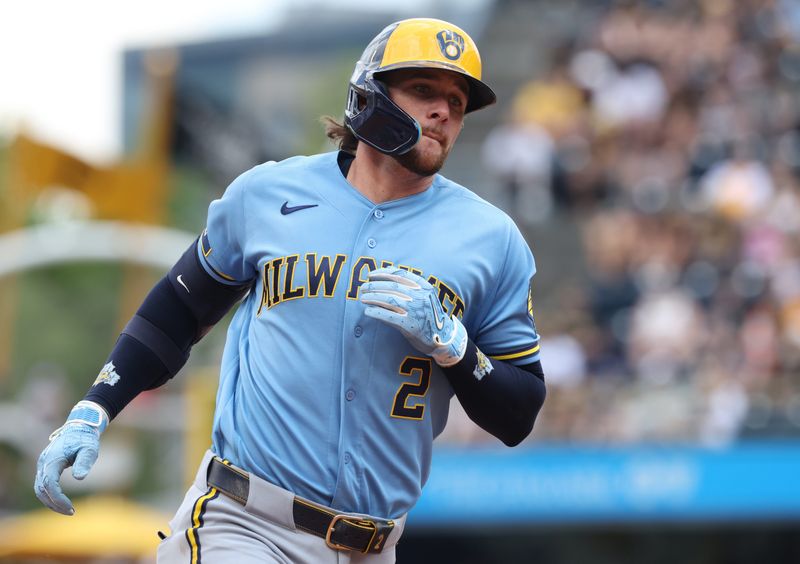 Milwaukee Brewers second baseman Brice Turang (2) circles the bases on a two run homer run against the Pittsburgh Pirates during the eighth inning at PNC Park on July 12, 2026.