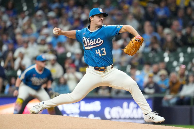 May 22, 2026; Milwaukee, Wisconsin, USA; Milwaukee Brewers pitcher Logan Henderson (43) delivers  a pitch against the Los Angeles Dodgers in the first inning at American Family Field. Mandatory Credit: Michael McLoone-Imagn Images