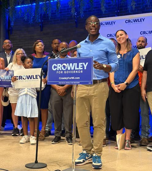 Milwaukee County Executive David Crowley formally announces his reentry into the Wisconsin governor's race during remarks at Milwaukee's 3rd Street Market Hall on July 18, 2026.