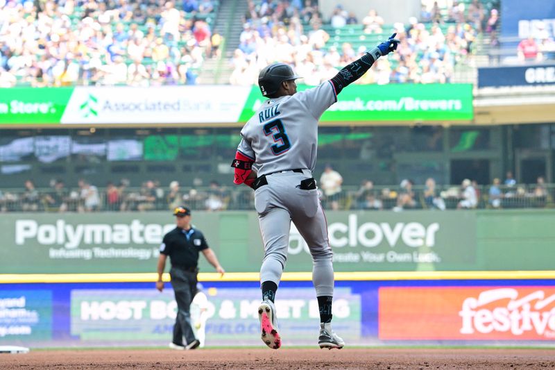 Jul 19, 2026; Milwaukee, Wisconsin, USA; Miami Marlins right fielder Esteury Ruiz (3) runs the bases after hitting a solo home run in the third inning against the Milwaukee Brewers at American Family Field. Mandatory Credit: Benny Sieu-Imagn Images