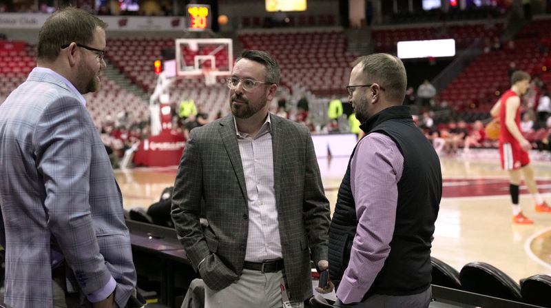 Wisconsin men's basketball general manager Marc VandeWettering, center, is shown before their game against Ohio State Saturday, January 31, 2026 at the Kohl Center in Madison, Wisconsin.