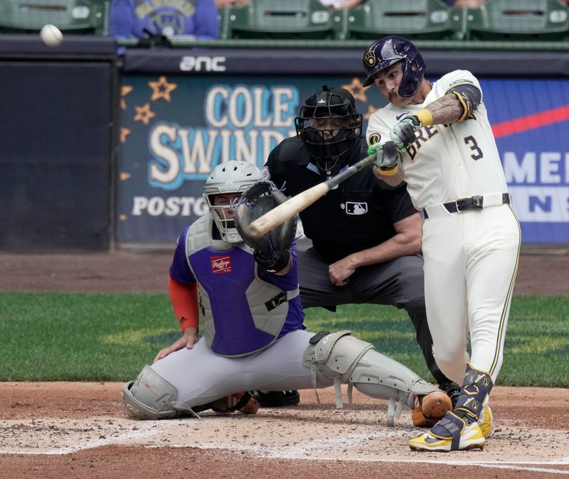 Brewers shortstop Joey Ortiz hits a two-run triple during the second inning against the Mets on Wednesday, July 22, 2026 at American Family Field in Milwaukee.