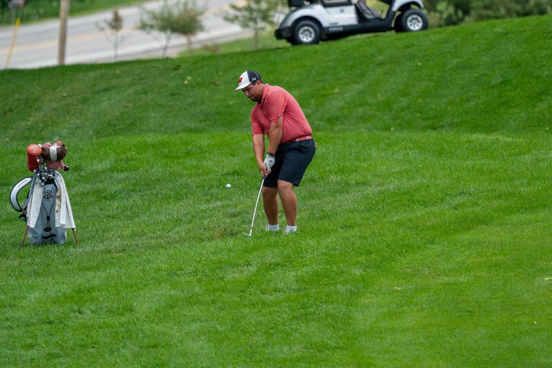 University of Wisconsin alumnus Spencer Turtz is the leader of the 125th Wisconsin Amateur Championship after three rounds. Turtz, shown here playing a shot in the second round, holds a two-shot lead after play on July 22, 2026.