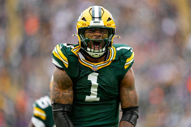 Green Bay Packers defensive end Micah Parsons (1) celebrates following a sack during the third quarter against the Minnesota Vikings at Lambeau Field in Green Bay, Wisconsin on Nov. 23, 2025.