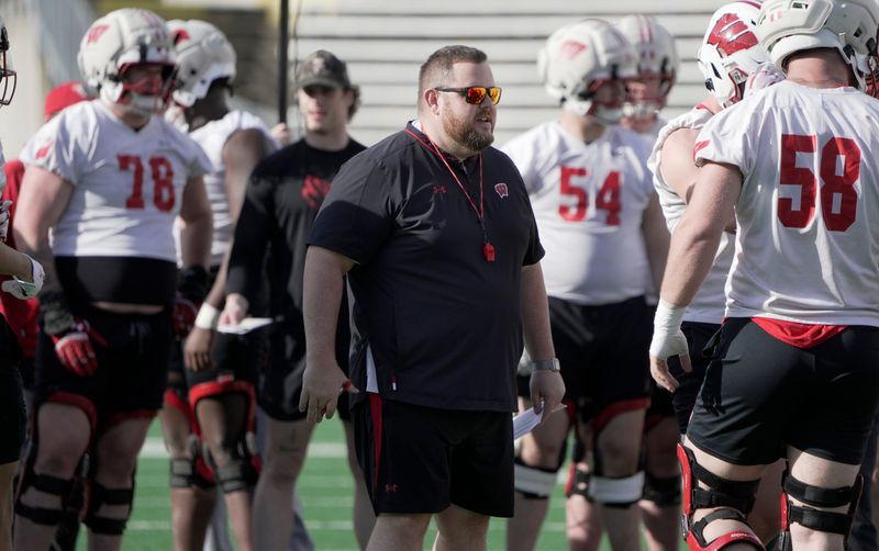 Wisconsin offensive line coach Eric Mateos is shown during spring football practice Tuesday, April 21, 2026 at Camp Randall Stadium in Madison, Wisconsin. 



Mark Hoffman/Milwaukee Journal Sentinel