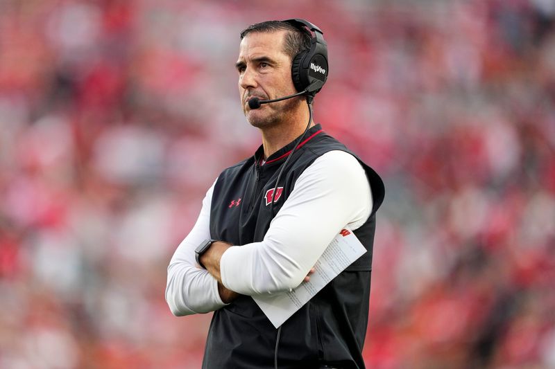 Oct 18, 2025; Madison, Wisconsin, USA;  Wisconsin Badgers head coach Luke Fickell during the game against the Ohio State Buckeyes at Camp Randall Stadium. Mandatory Credit: Jeff Hanisch-Imagn Images