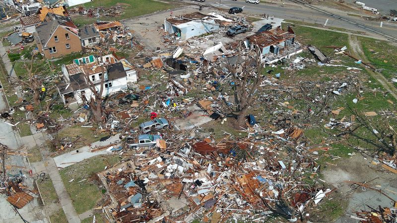 Damage is seen to homes and businesses in Menasha, Wisconsin on July 28, 2026 after an estimated EF-3 tornado tore through the area on July 27.