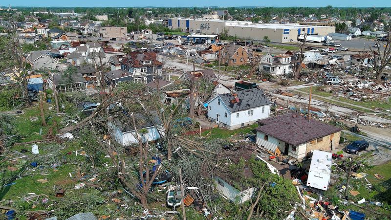 Damage is seen to homes and businesses in Menasha, Wisconsin on July 28, 2026 after an estimated EF-3 tornado tore through the area on July 27.