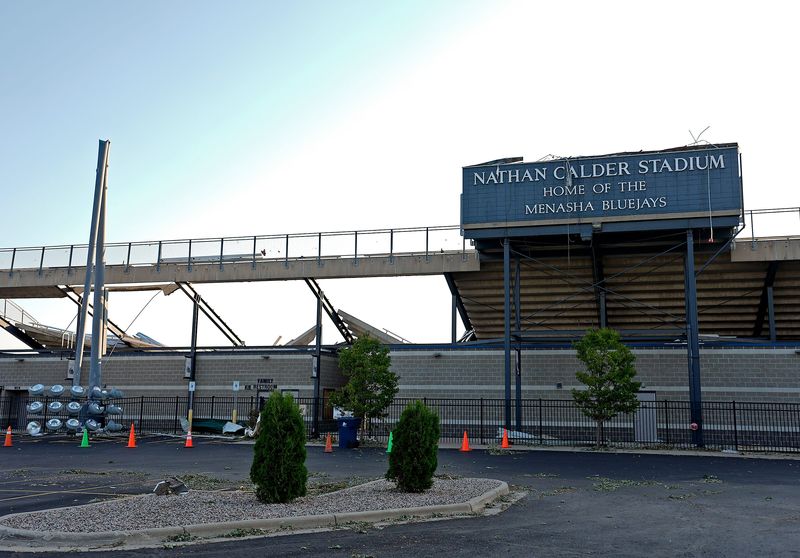 Damage is seen to Nathan Calder Stadium in Menasha on July 29. An estimated EF-3 tornado tore through the area on July 27.