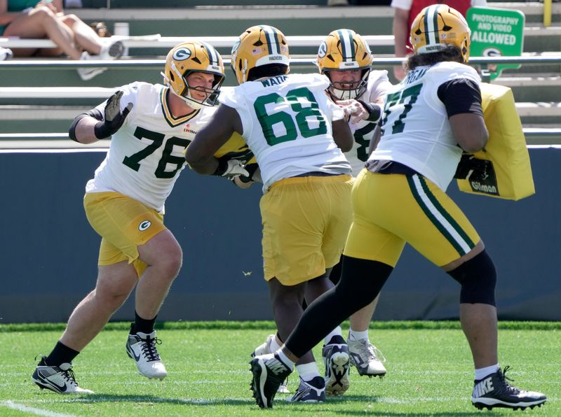 Green Bay Packers guard Josh Gesky (76) is shown during the first day of training camp Wednesday, July 29, 2026 in Green Bay, Wisconsin. It is the first of three consecutive public practices.