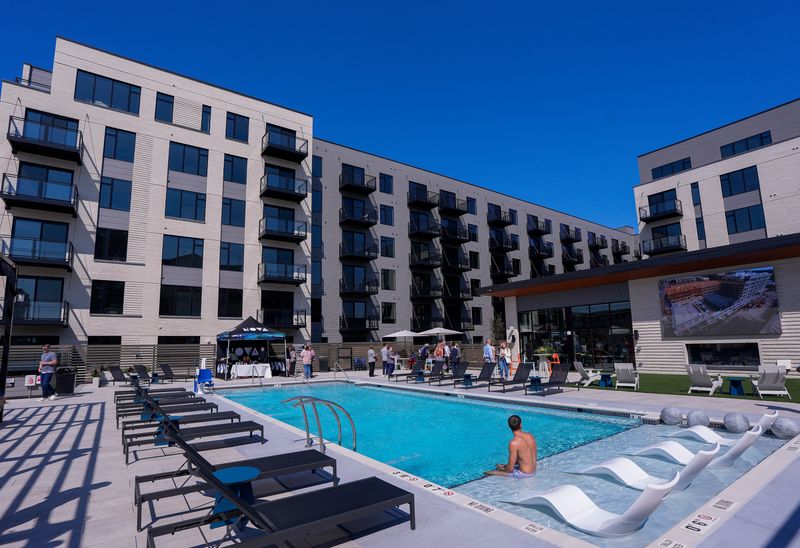 The pool deck is seen during an open house on July 29 at the Nova apartment building in downtown Green Bay.