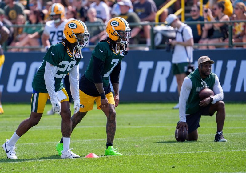 Green Bay Packers safeties Xavier McKinney (29) and Javon Bullard (7) line up for a drill during the second day of training camp Thursday, July 30, 2026, at the Don Hutson Center in Ashwaubenon, Wisconsin.