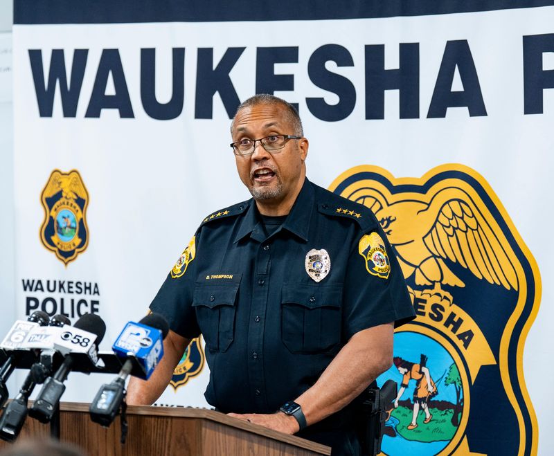 Waukesha Police Chief Daniel Thompson makes remarks during a press conference regarding the officer-involved shooting that occurred at Meijer in Waukesha, Wisconsin on July 30, 2026.
