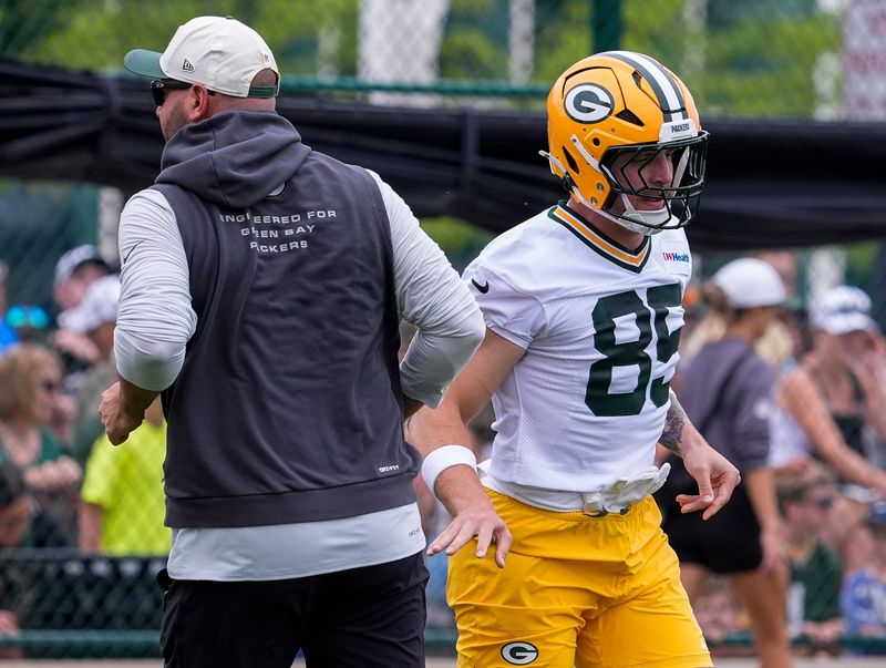 Green Bay Packers tight end Tucker Kraft (85) runs through a drill during practice on Friday, July 31, 2026, at Ray Nitschke Field in Ashwaubenon, Wisconsin.