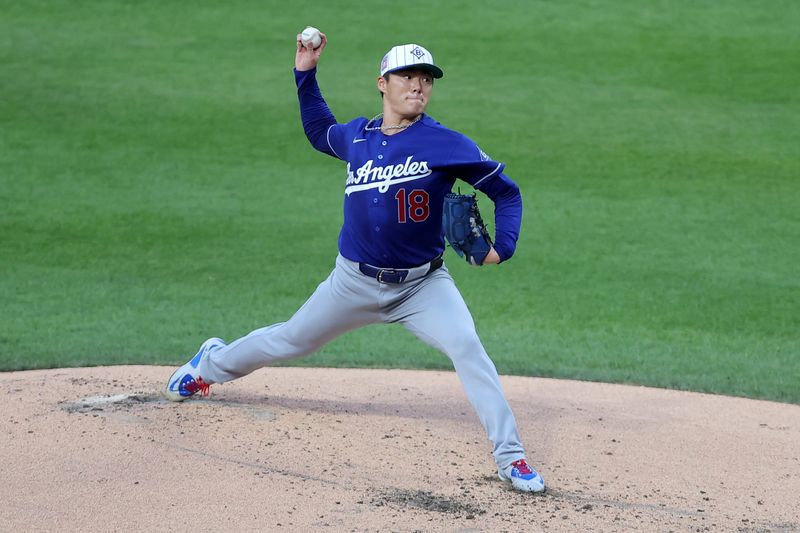 Los Angeles Dodgers starting pitcher Yoshinobu Yamamoto (18) pitches against the New York Mets during the second inning at Citi Field in New York City, New York.