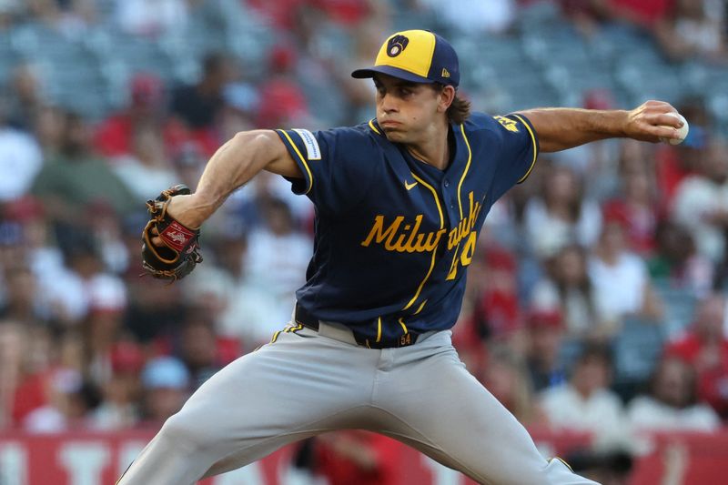 Aug 1, 2026; Anaheim, California, USA;  Milwaukee Brewers pitcher Robert Gasser (54) pitches during the first inning against the Los Angeles Angels at Angel Stadium. Mandatory Credit: Kiyoshi Mio-Imagn Images