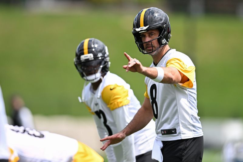 Jul 29, 2026; Latrobe, PA, USA; Pittsburgh Steelers quarterback Aaron Rodgers (8) participates in a practice session at training camp at Saint Vincent College. Mandatory Credit: Barry Reeger-Imagn Images