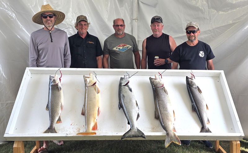 The crew of ‘Back in Action’ won the Super K division at the 47th annual Two Rivers Fish Derby with a total catch of 83.2 pounds. Pictured from left are Ben Kelly, Allison VanOudenhoven, John Kulpa Jr., Tim Metz and Rick Schoenherr.