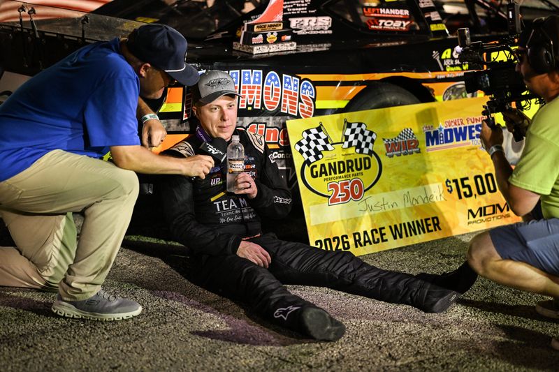 Justin Mondeik sits for an interview after winning the ASA Midwest Tour Gandrud 250 on Tuesday, August 4, 2026, at Wisconsin International Raceway in Kaukauna, Wisconsin.
