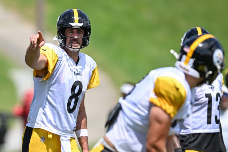 Pittsburgh Steelers quarterback Aaron Rodgers (8) calls an audible during a practice session at Training camp at Saint Vincent College.