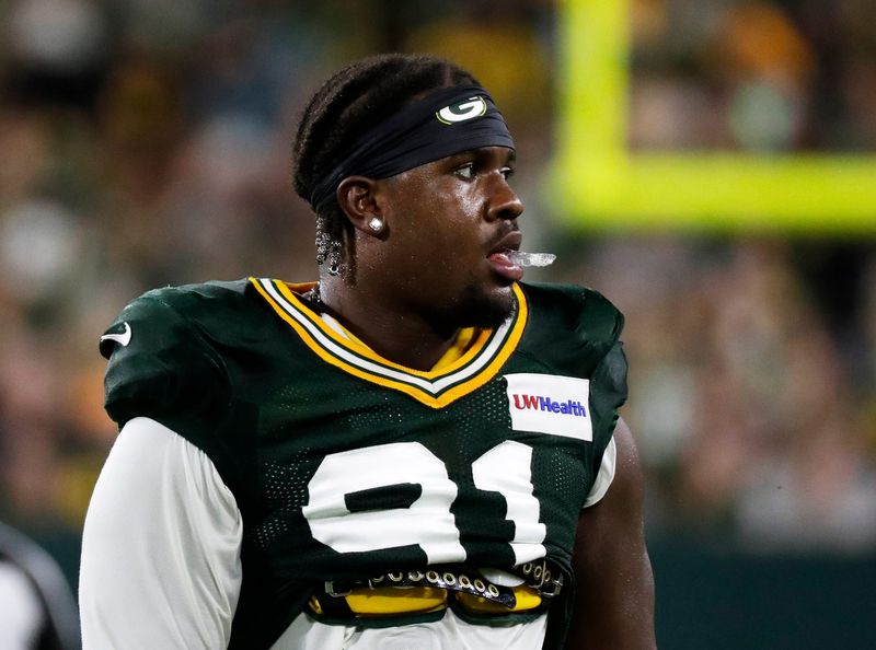 Green Bay Packers defensive tackle Warren Brinson (91) during Family Night on Aug. 7, 2026, at Lambeau Field in Green Bay, Wis.