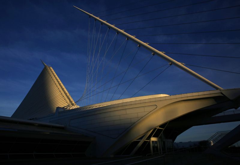 The Milwaukee Art Museum near Lake Michigan as the sun sets in Milwaukee, Wis. on April 16, 2017.