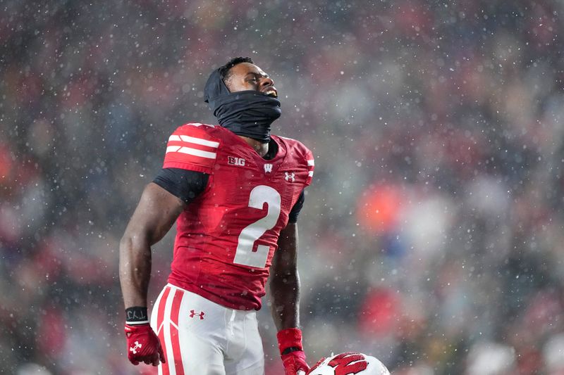Nov 8, 2025; Madison, Wisconsin, USA;  Wisconsin Badgers cornerback Ricardo Hallman (2) during the game against the Washington Huskies at Camp Randall Stadium. Mandatory Credit: Jeff Hanisch-Imagn Images