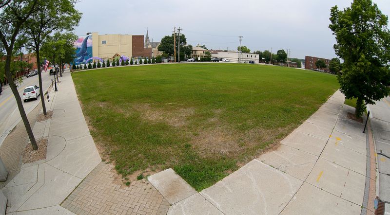 A view with a fisheye lens where the Fountain Park Restaurant complex once stood in Sheboygan, Wis., seen Aug. 11, 2026.