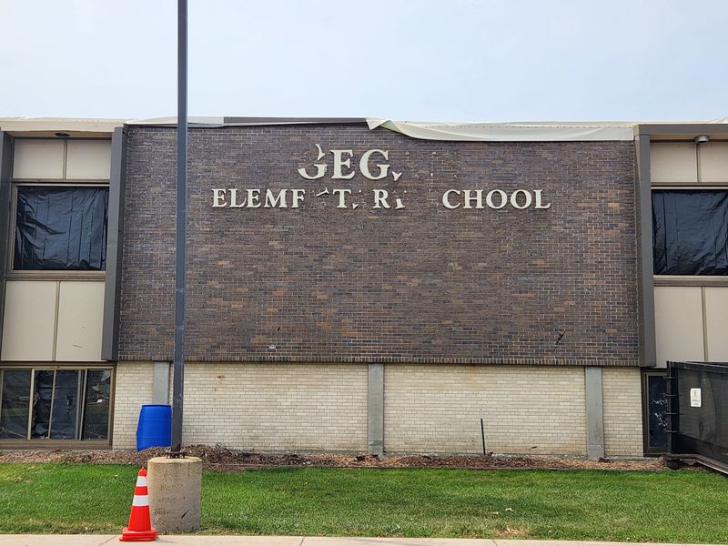 Gegan Elementary School has sustained damage, pictured here Aug. 11, 2026 in Menasha, WI, that will keep it closed for the 2026-27 school year.