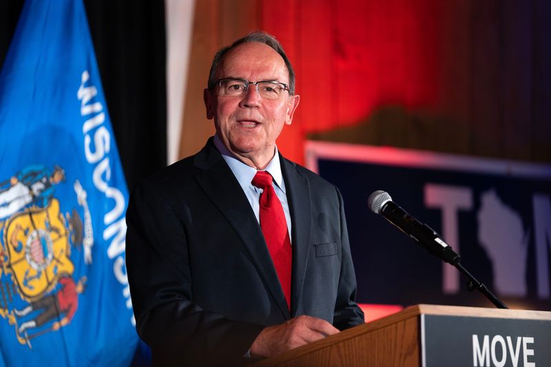Tom Tiffany delivers a speech after winning the Republican nomination for governor in the Wisconsin primary, during a watch party at Rustic Manor 1848 on Aug. 11, 2026 in Hartland, Wisconsin.