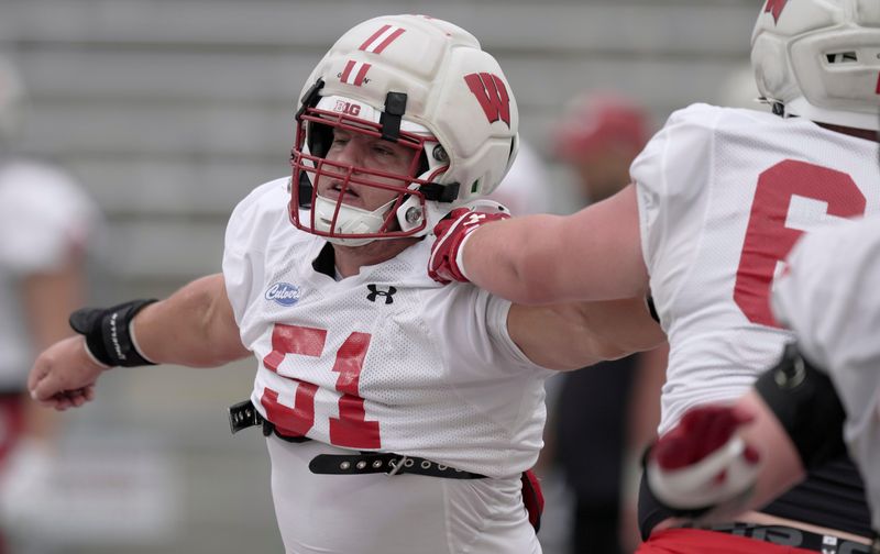 Wisconsin offensive lineman Austin Kawecki (51) is shown during practice Thursday, August 13, 2026 at Camp Randall Stadium in Madison, Wisconsin.