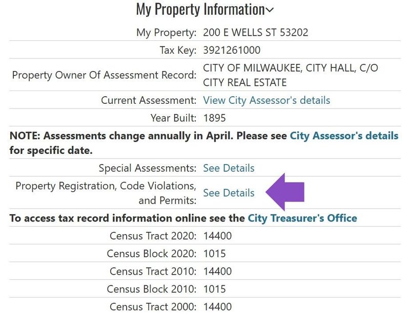 The My Milwaukee Home website is a go-to source to identify the property owner of a residential and commercial property in the city. A purple arrow shows the link to click to read more about the property's history of code violations and work permits.