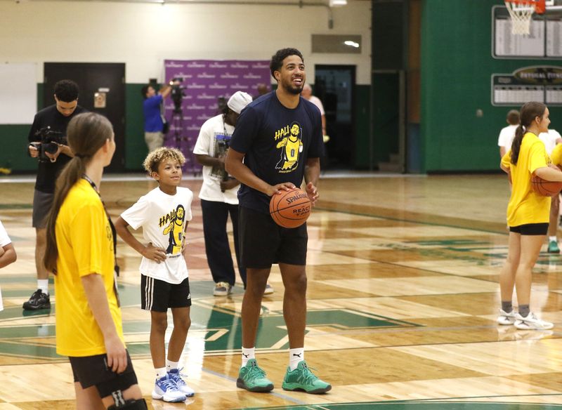 Tyrese Haliburton takes part in a game of lightning with campers at the CareSource Tyrese Haliburton Impact Camp on Friday, Aug. 14, 2026.